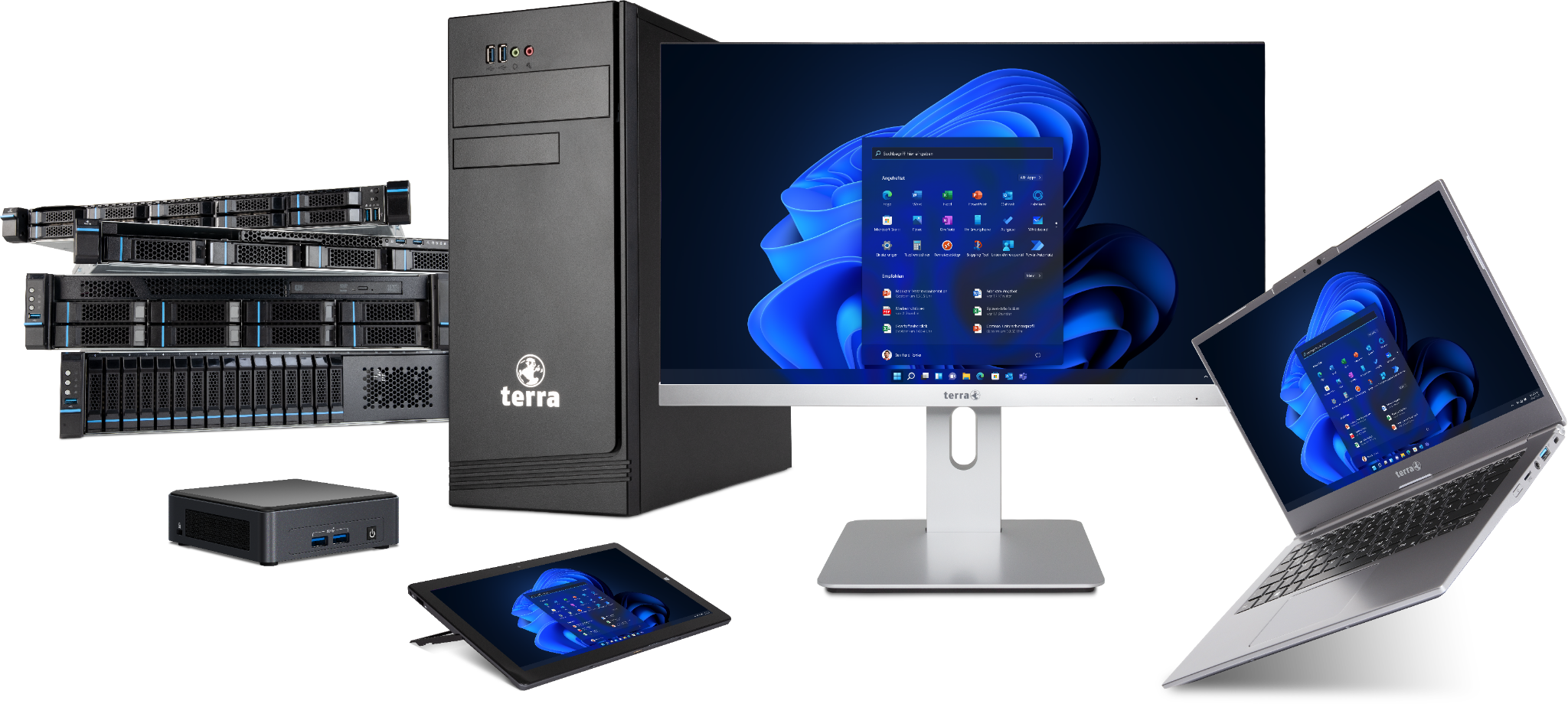 Komputer TERRA PC-BUSINESS stacja robocza — widok z przodu, obudowa Tower z logo TERRA, system Windows 11
